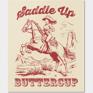 Saddle Up Buttercup Vintage Western Cowgirl Riding A Horse Posters and Art